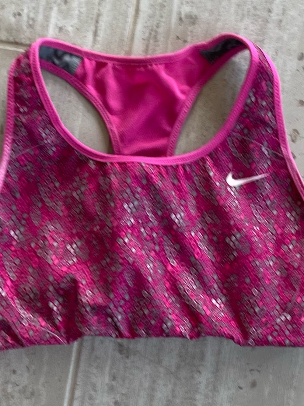 Nike Pink Patterned Racerback Sports Bra with White Swoosh